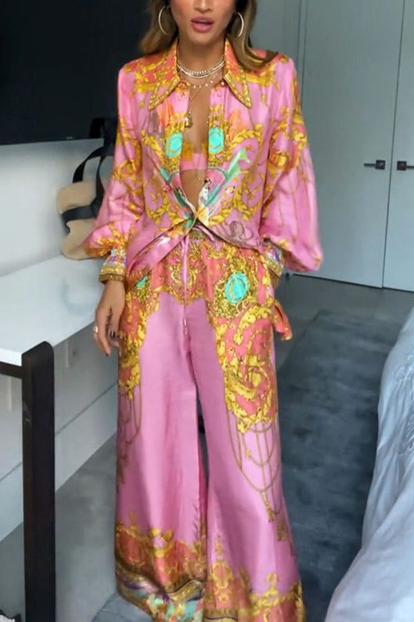 Completo “Mermaid Motel” con Camicia a Maniche Lunghe e Pantaloni a Vita Elasticizzata – Stampa Esotica