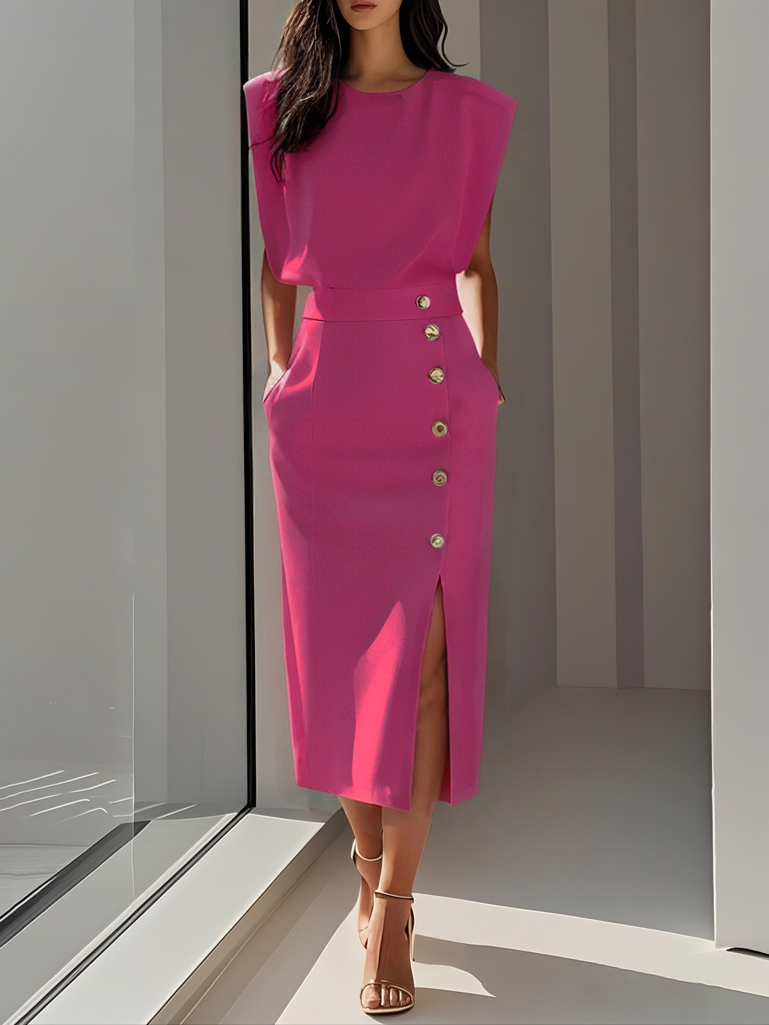 Abito Midi Elegante con Spacco e Bottoni – Girocollo, Vestibilità Attillata