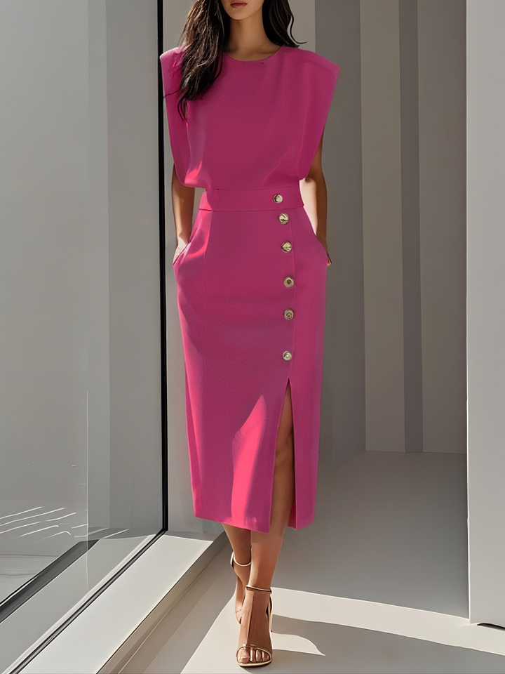 Abito Midi Elegante con Spacco e Bottoni – Girocollo, Vestibilità Attillata