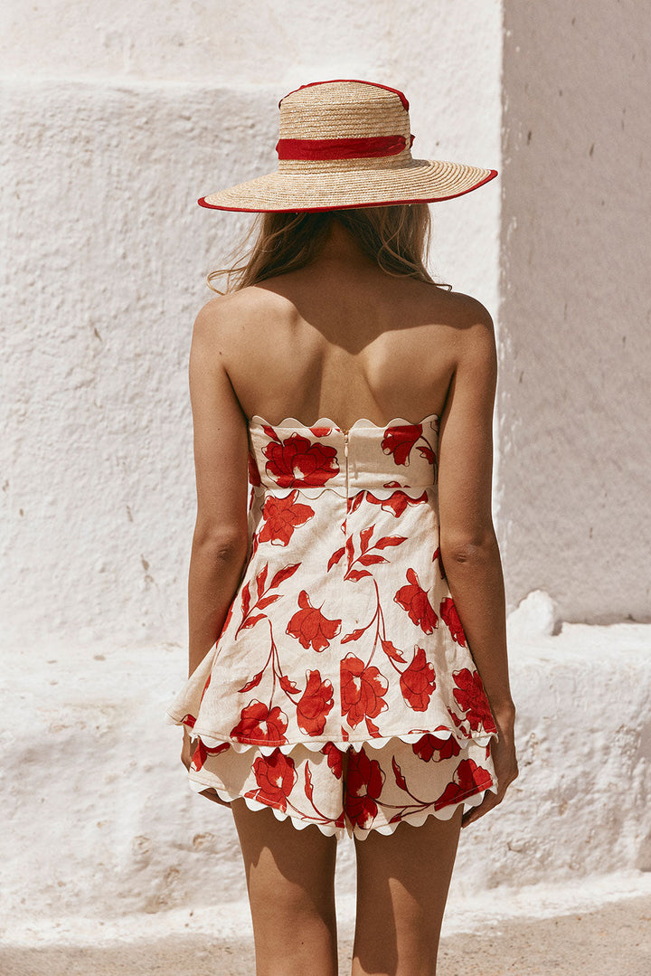 Rosella – Completo Floreale con Top a Balza e Pantaloncini a Vita Elasticizzata con Bordo Ondulato