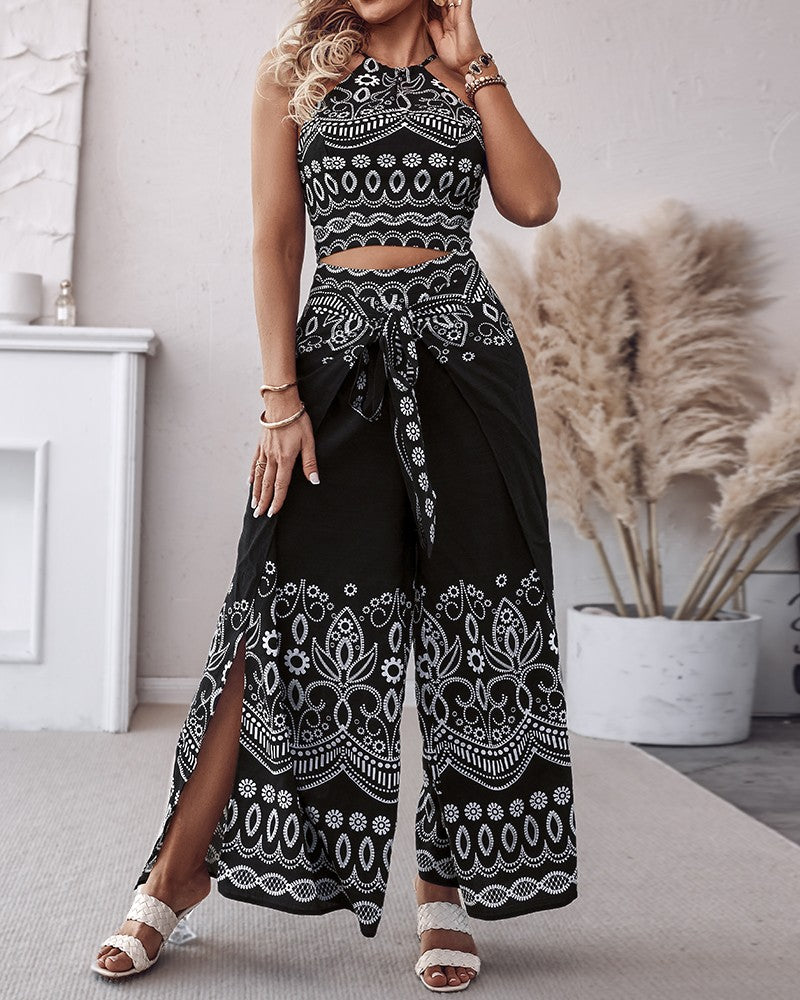 Completo 2 Pezzi con Stampa Tribale, Top Senza Maniche con Scollo a Goccia e Pantaloni con Spacco e Fiocco