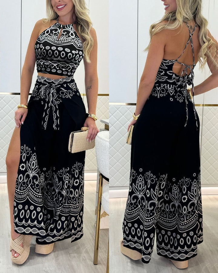 Completo 2 Pezzi con Stampa Tribale, Top Senza Maniche con Scollo a Goccia e Pantaloni con Spacco e Fiocco