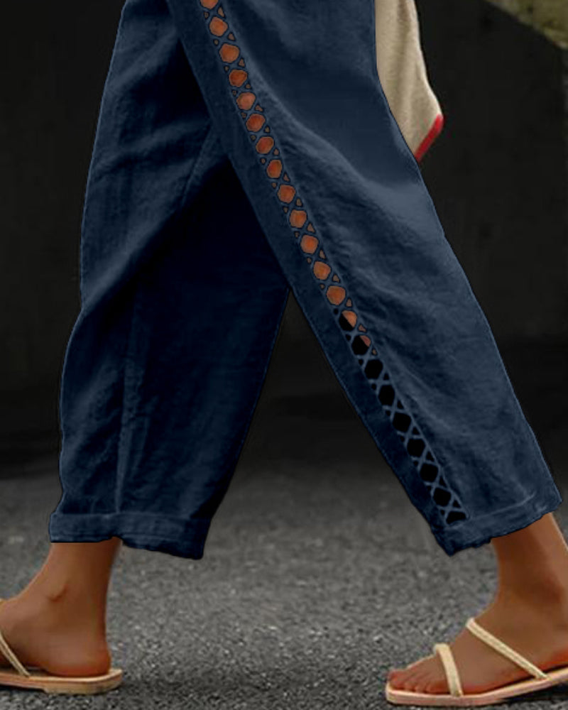 Pantaloni Lunghi con Tasche e Dettaglio in Pizzo Intagliato Laterale
