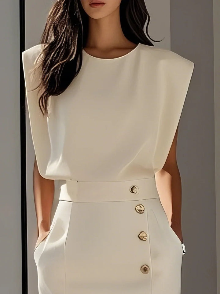 Abito Midi Elegante con Spacco e Bottoni – Girocollo, Vestibilità Attillata
