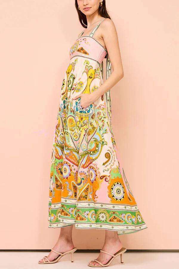 Abito Maxi con Spalline Annodate e Stampa Esclusiva