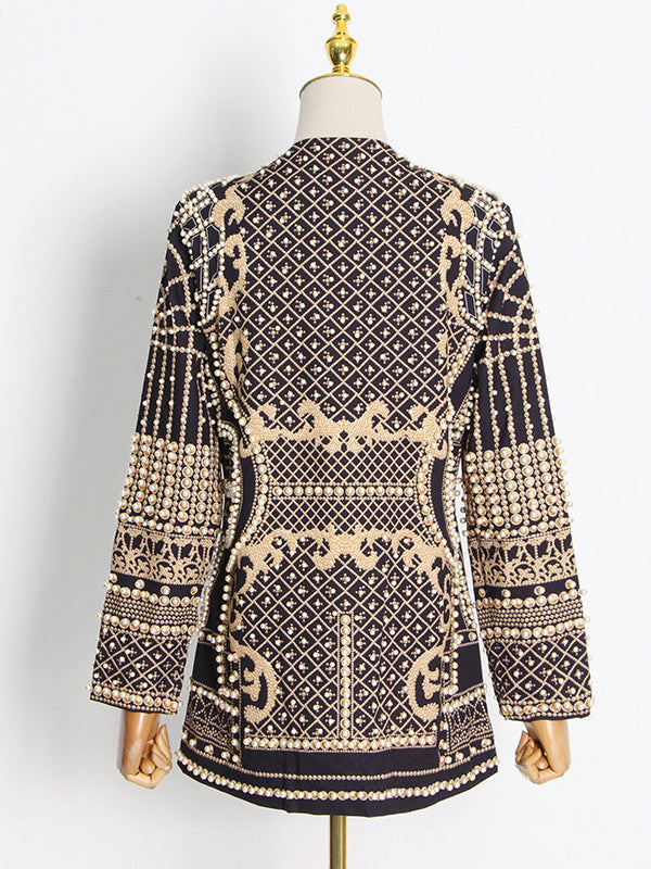 Blazer Stile Vintage con Perline e Stampa – Maniche Lunghe e Scollo a V