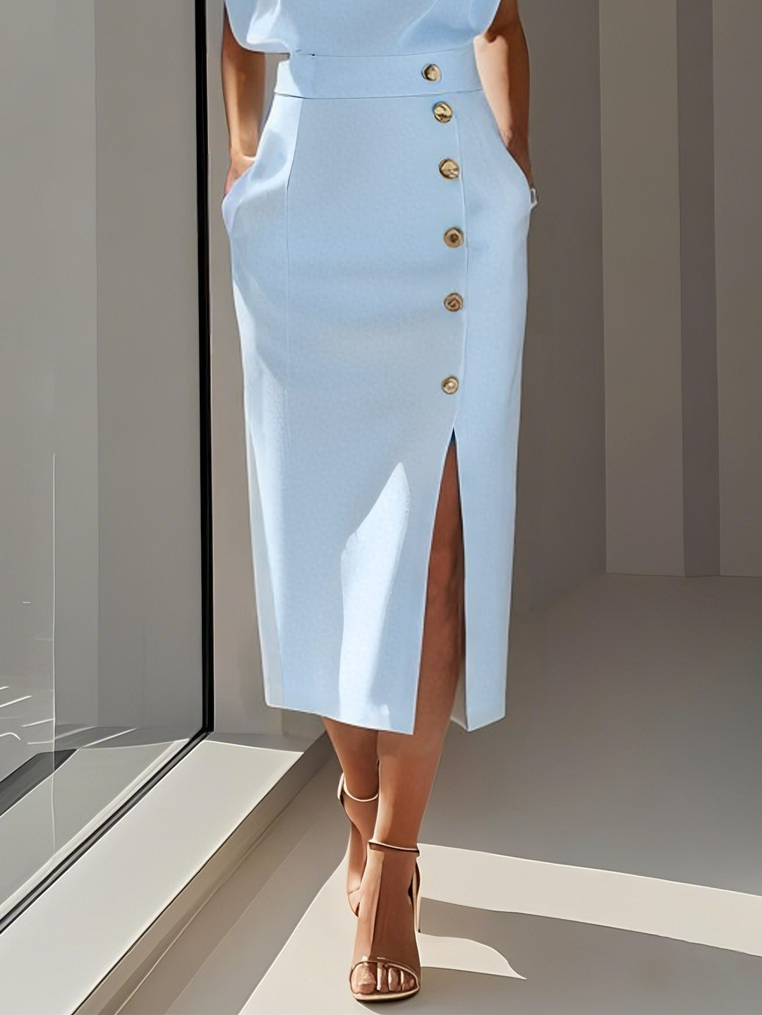 Abito Midi Elegante con Spacco e Bottoni – Girocollo, Vestibilità Attillata