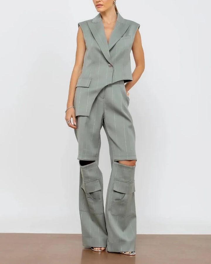 Completo Donna con Gilet Senza Maniche e Pantaloni a Righe