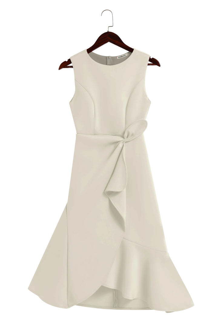Abito Midi Elegante Senza Maniche con Nodo in Vita