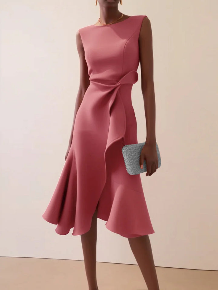 Abito Midi Elegante Senza Maniche con Nodo in Vita