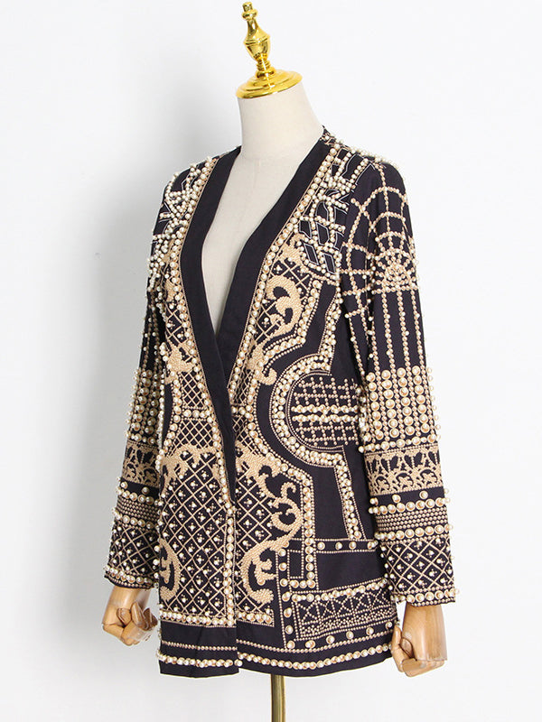 Blazer Stile Vintage con Perline e Stampa – Maniche Lunghe e Scollo a V