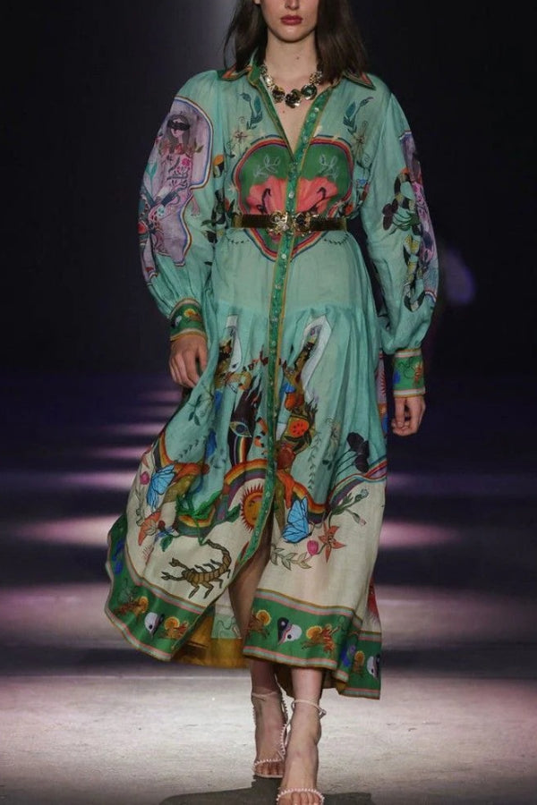 Abito Camicia Midi con Stampa Artistica, Maniche a Palloncino e Cintura in Contrasto