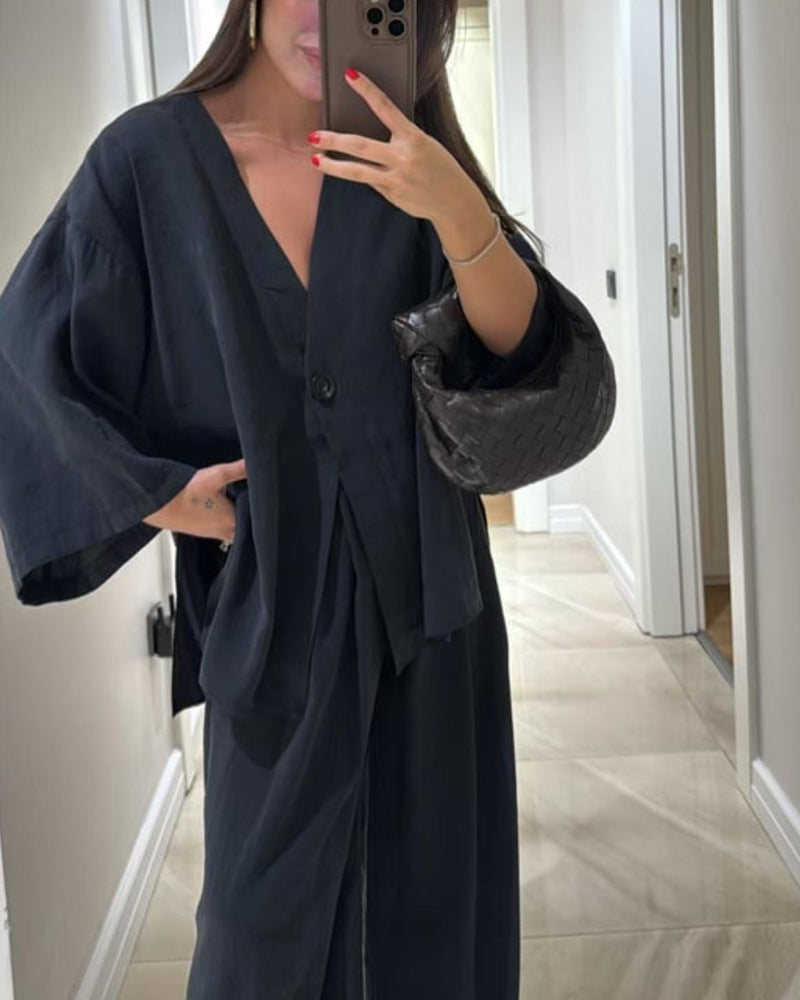 Completo Due Pezzi Casual con Top Scollo a V e Pantaloni Larghi