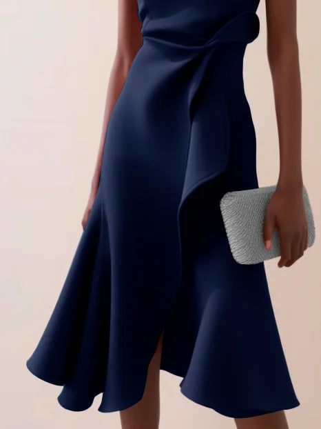 Abito Midi Elegante Senza Maniche con Nodo in Vita