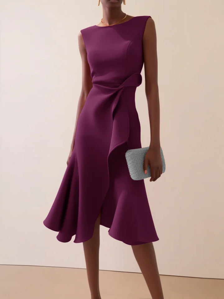 Abito Midi Elegante Senza Maniche con Nodo in Vita