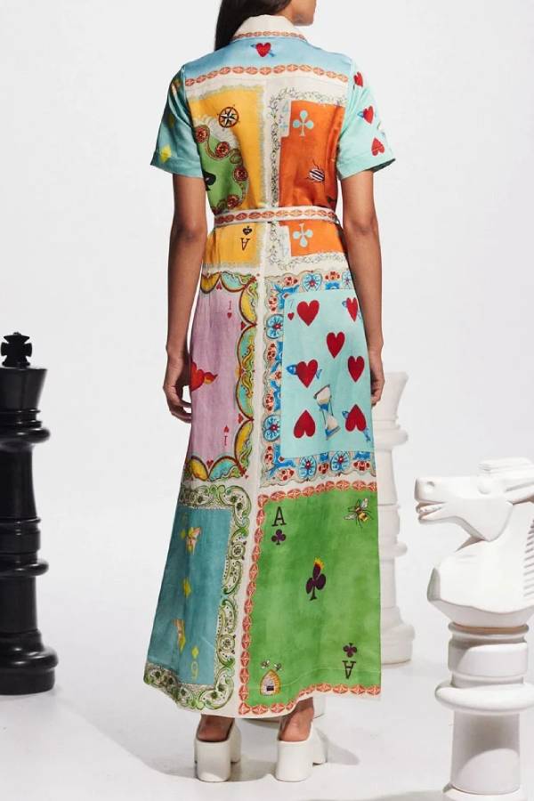 Abito Camicia Lungo con Colletto e Stampa Patchwork