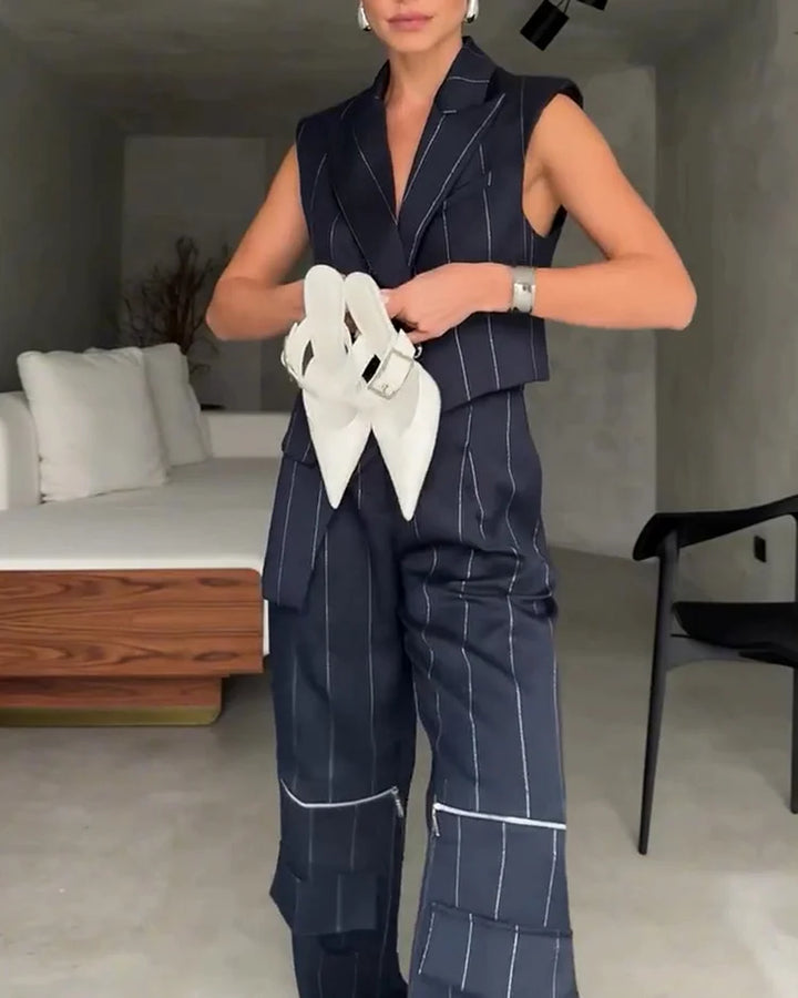 Completo Donna con Gilet Senza Maniche e Pantaloni a Righe