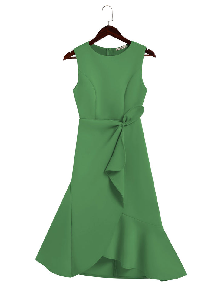 Abito Midi Elegante Senza Maniche con Nodo in Vita