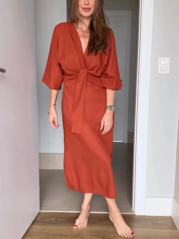 Abito Casual con Scollo a V e Nodo Frontale