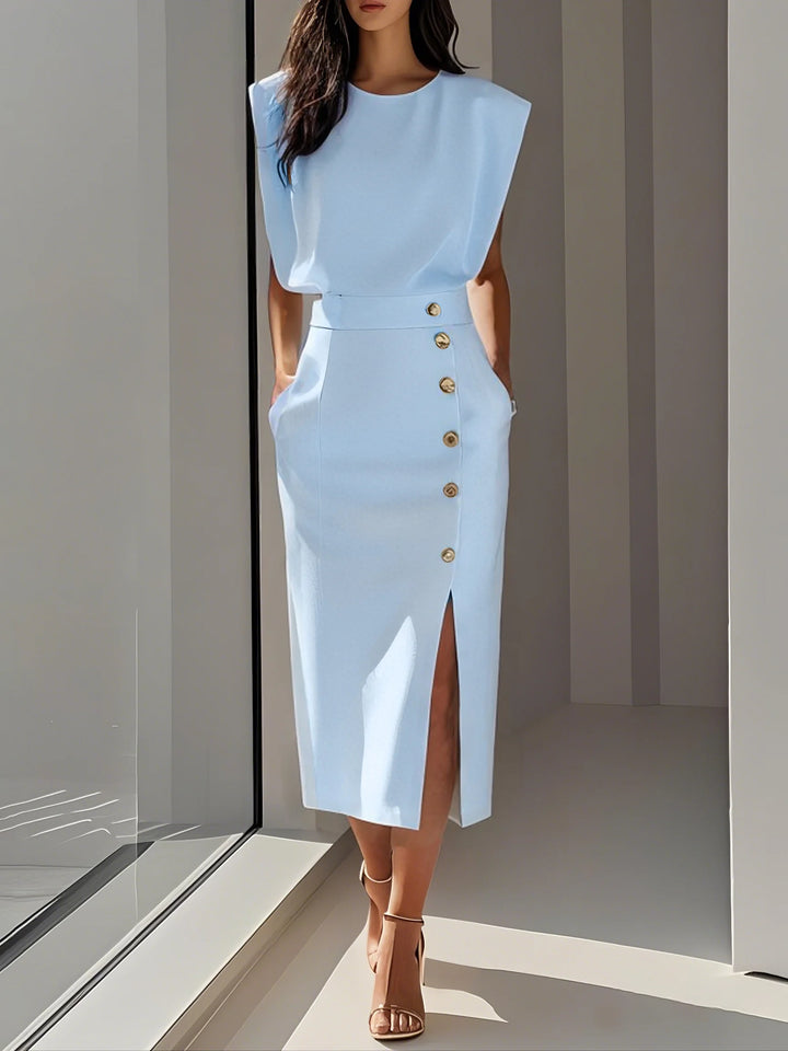 Abito Midi Elegante con Spacco e Bottoni – Girocollo, Vestibilità Attillata