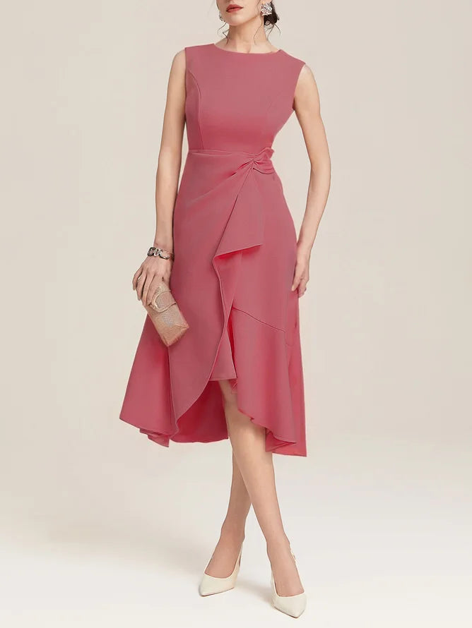 Abito Midi Elegante Senza Maniche con Nodo in Vita