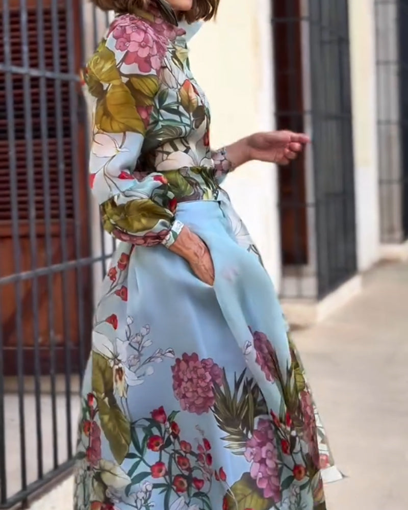 Completo Due Pezzi Elegante con Camicia Stampata e Gonna