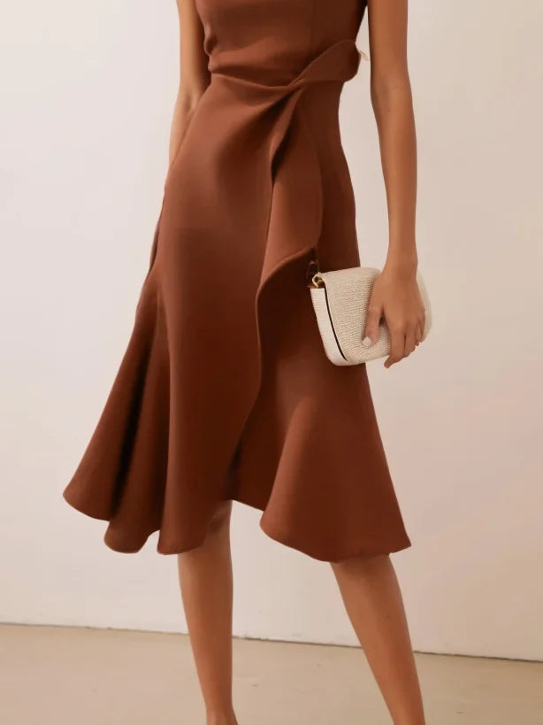Abito Midi Elegante Senza Maniche con Nodo in Vita