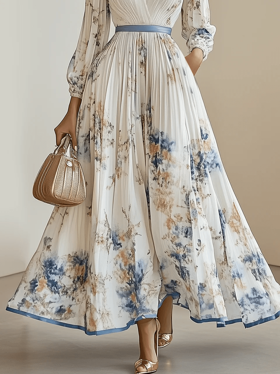 Abito lungo plissettato con stampa floreale e maniche a palloncino – Eleganza romantica per ogni occasione