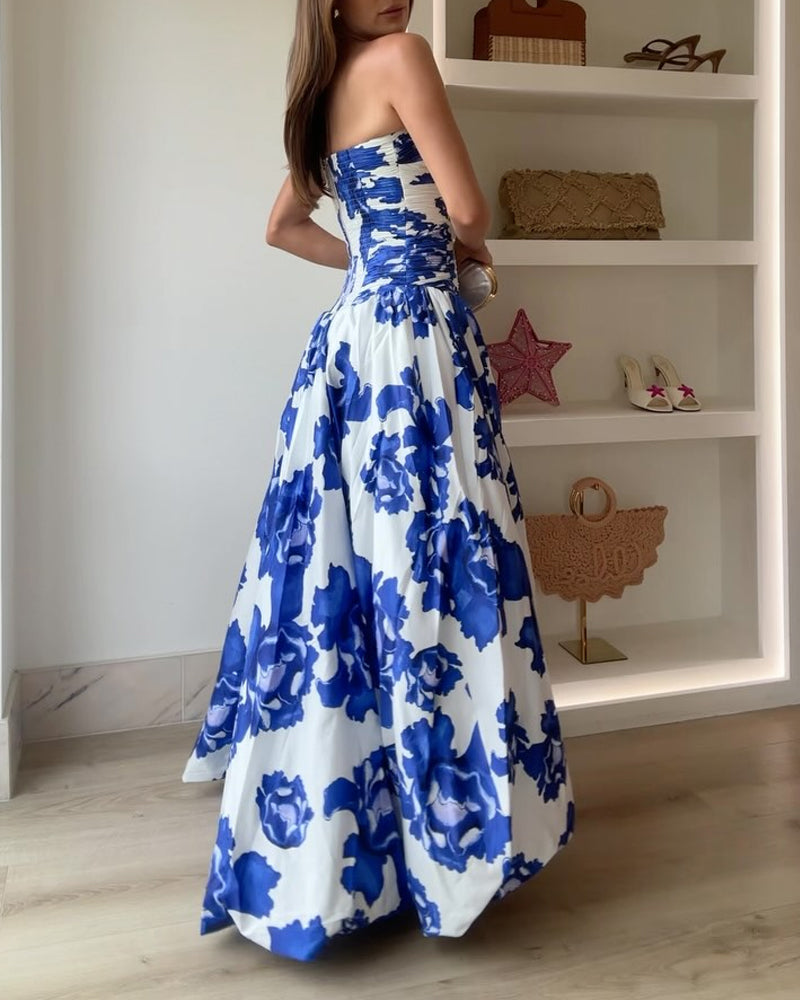 Abito Lungo Senza Spalline con Stampa Floreale – Eleganza Romantica