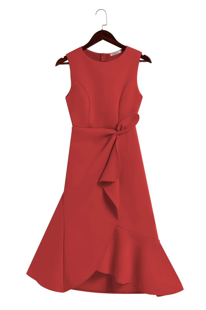 Abito Midi Elegante Senza Maniche con Nodo in Vita