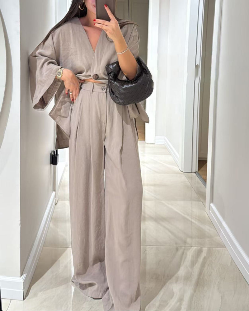 Completo Due Pezzi Casual con Top Scollo a V e Pantaloni Larghi