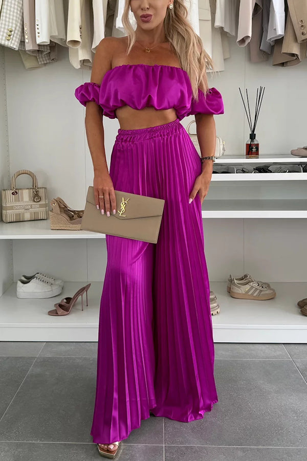 Jorie – Completo Elegante con Top Corto a Spalle Scoperte e Pantaloni Plissé a Gamba Larga