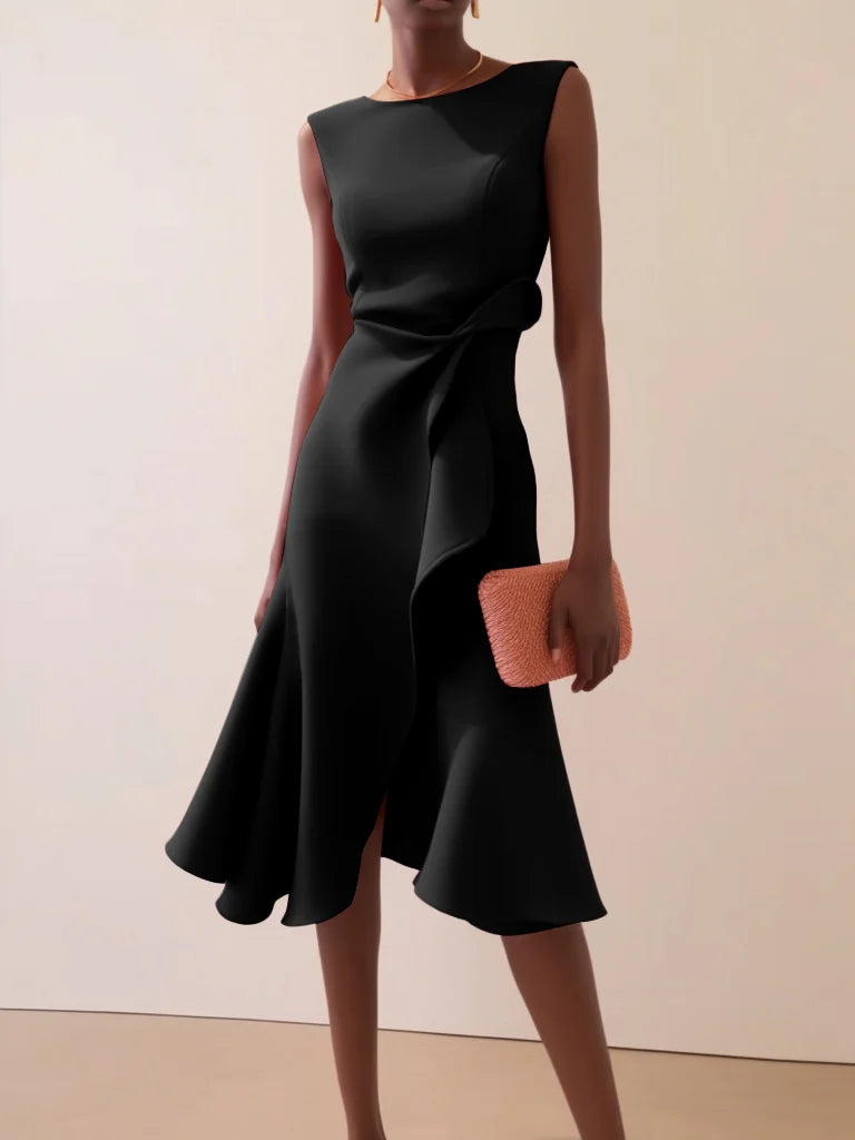 Abito Midi Elegante Senza Maniche con Nodo in Vita