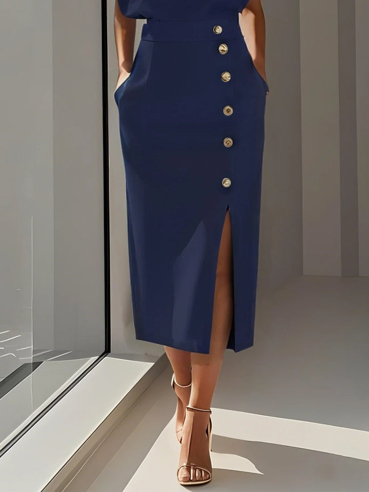 Abito Midi Elegante con Spacco e Bottoni – Girocollo, Vestibilità Attillata