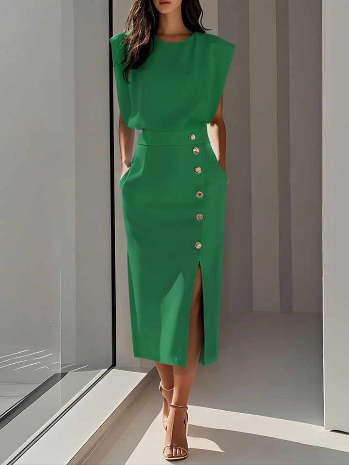Abito Midi Elegante con Spacco e Bottoni – Girocollo, Vestibilità Attillata