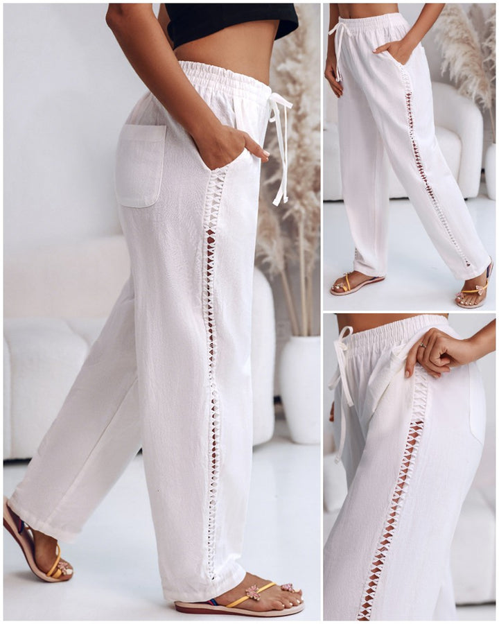 Pantaloni Lunghi con Tasche e Dettaglio in Pizzo Intagliato Laterale