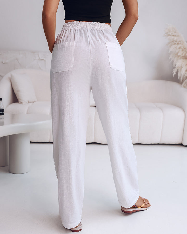 Pantaloni Lunghi con Tasche e Dettaglio in Pizzo Intagliato Laterale