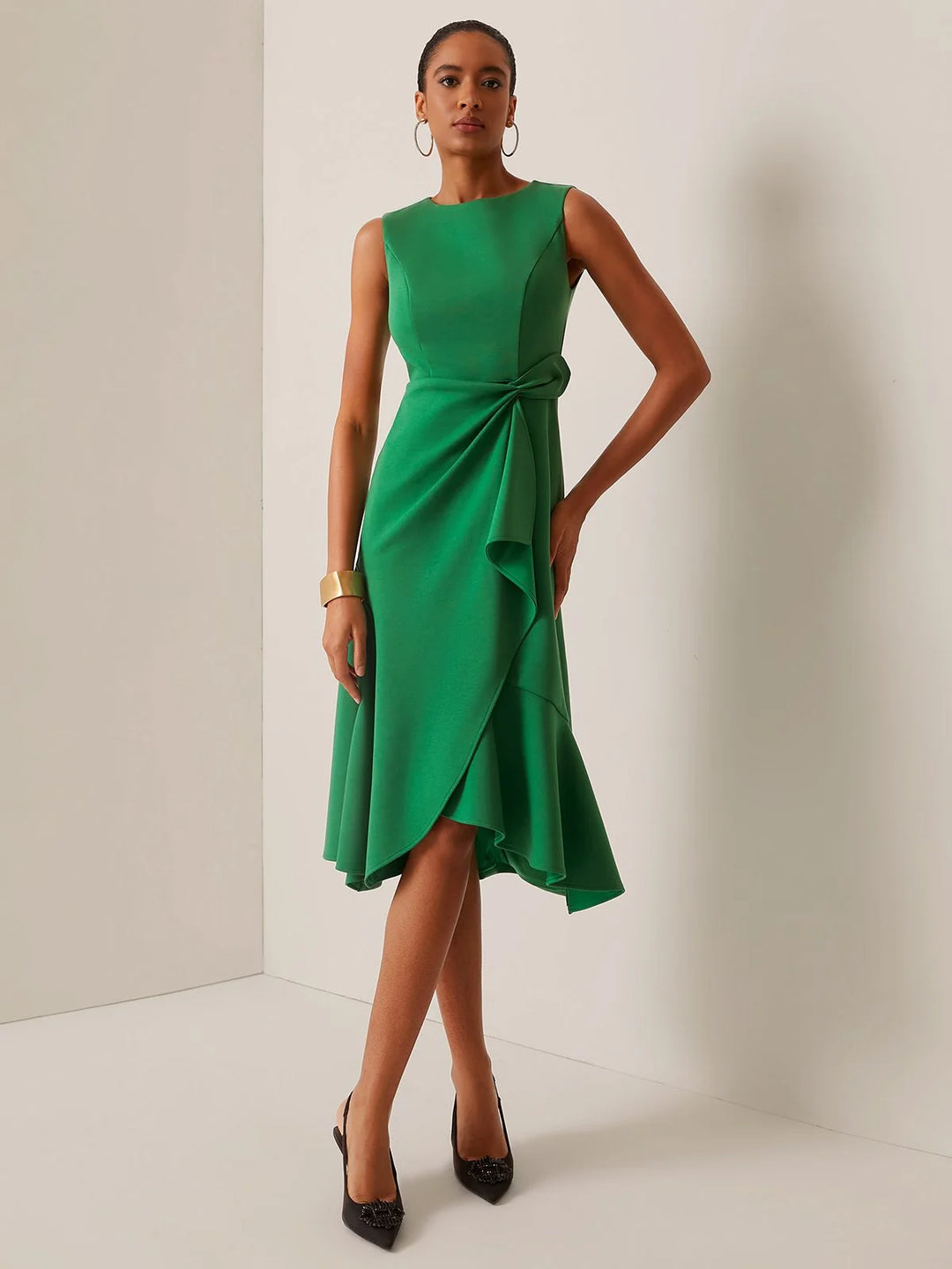 Abito Midi Elegante Senza Maniche con Nodo in Vita