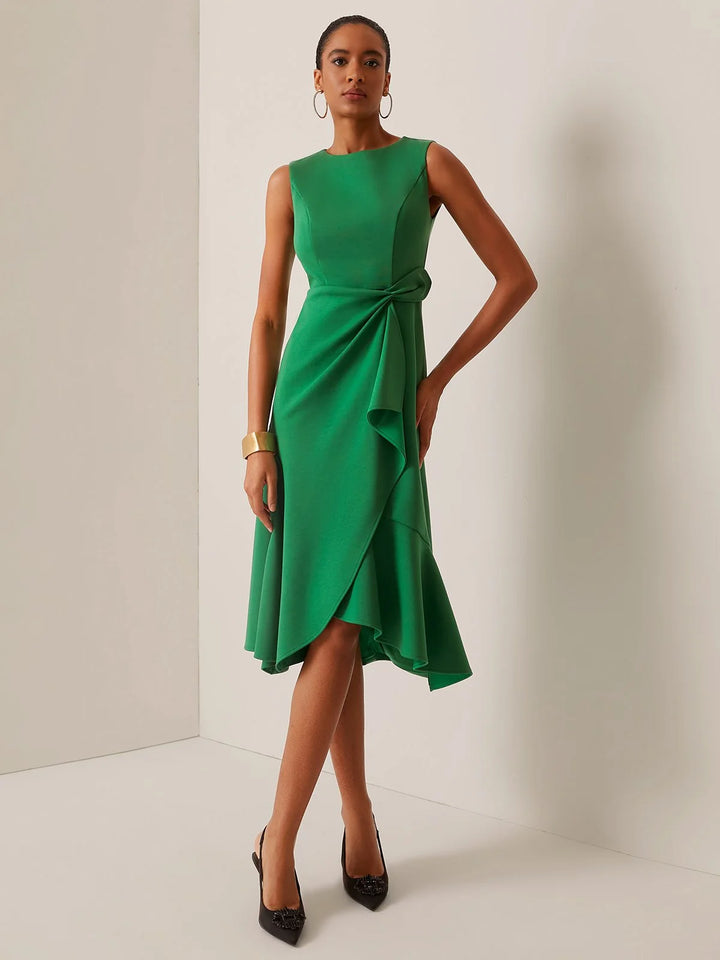 Abito Midi Elegante Senza Maniche con Nodo in Vita