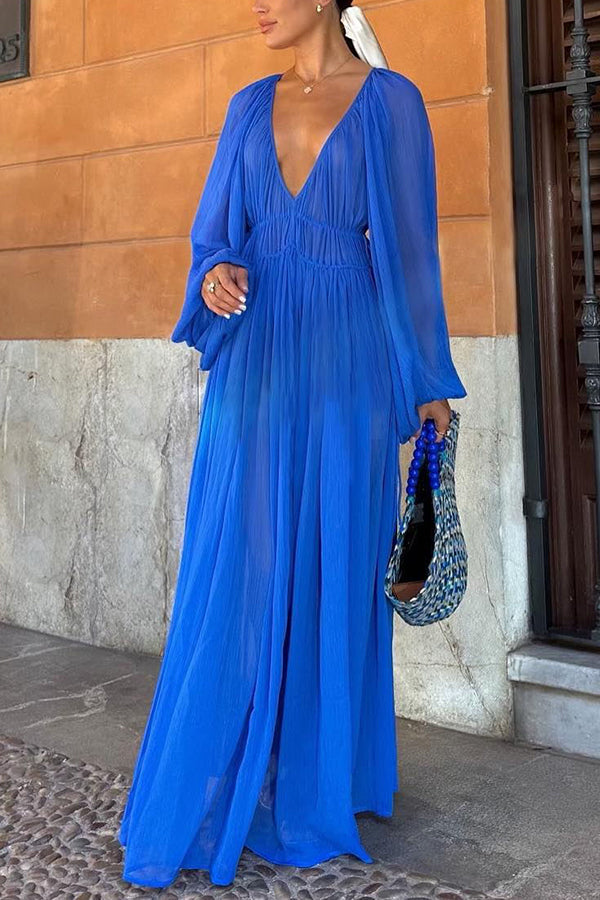 Abito Lungo Blu con Maniche a Palloncino e Vita Arricciata