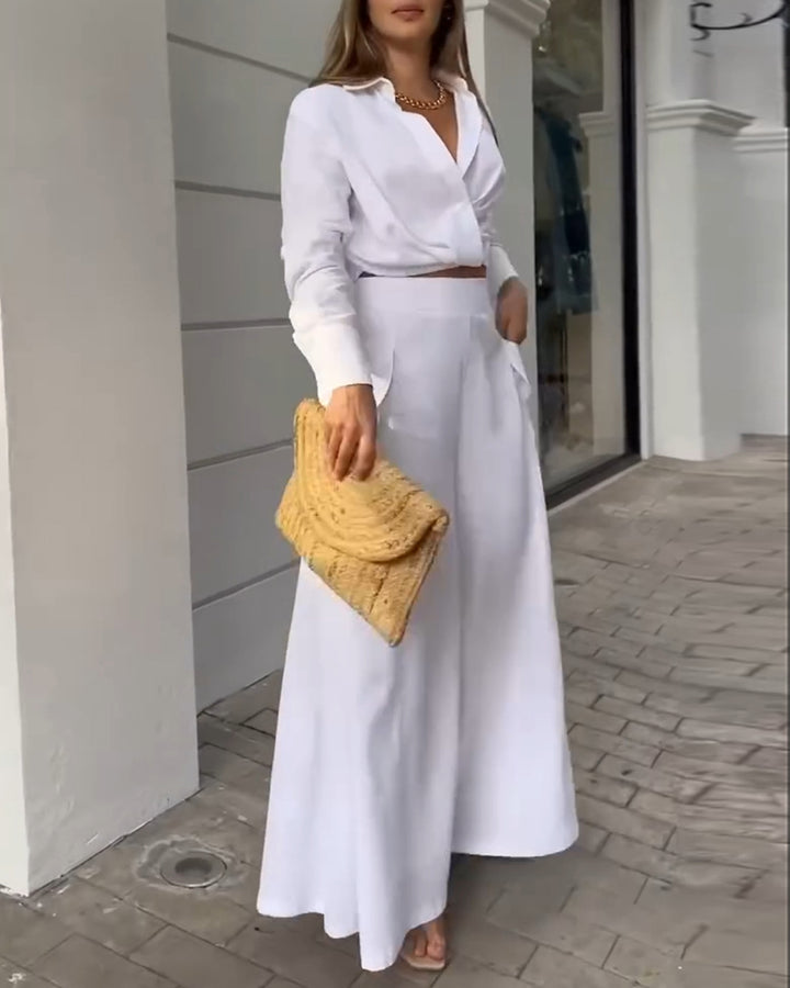 Completo Elegante con Camicia Drappeggiata e Pantaloni Asimmetrici a Gamba Larga