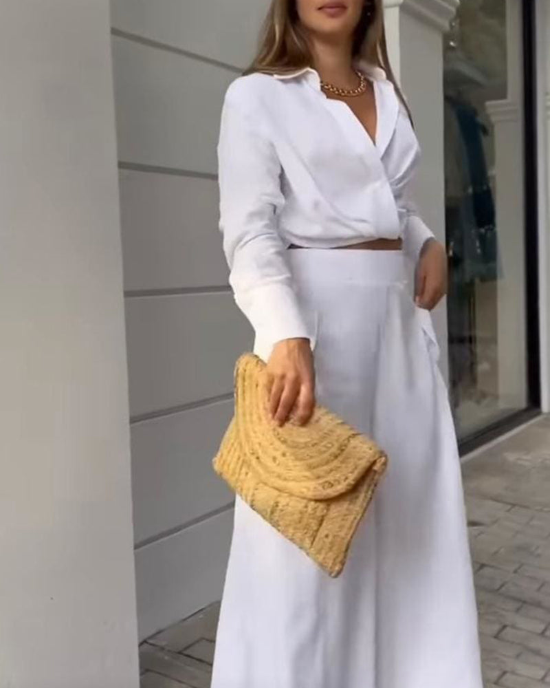 Completo Elegante con Camicia Drappeggiata e Pantaloni Asimmetrici a Gamba Larga