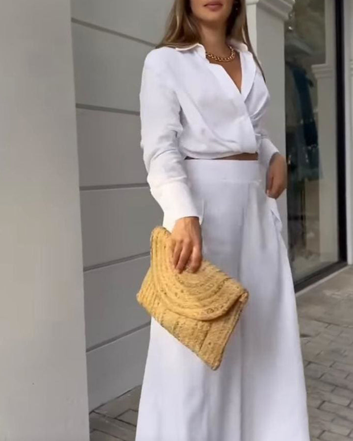 Completo Elegante con Camicia Drappeggiata e Pantaloni Asimmetrici a Gamba Larga