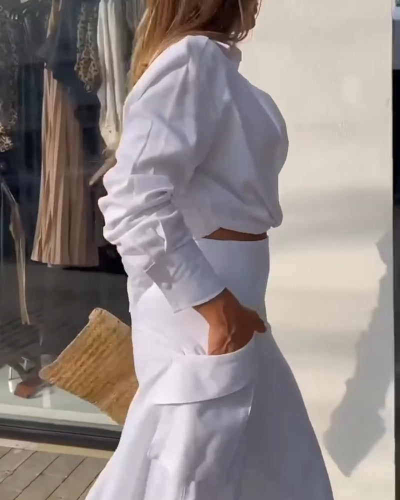 Completo Elegante con Camicia Drappeggiata e Pantaloni Asimmetrici a Gamba Larga
