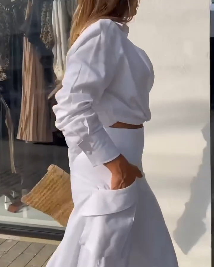 Completo Elegante con Camicia Drappeggiata e Pantaloni Asimmetrici a Gamba Larga