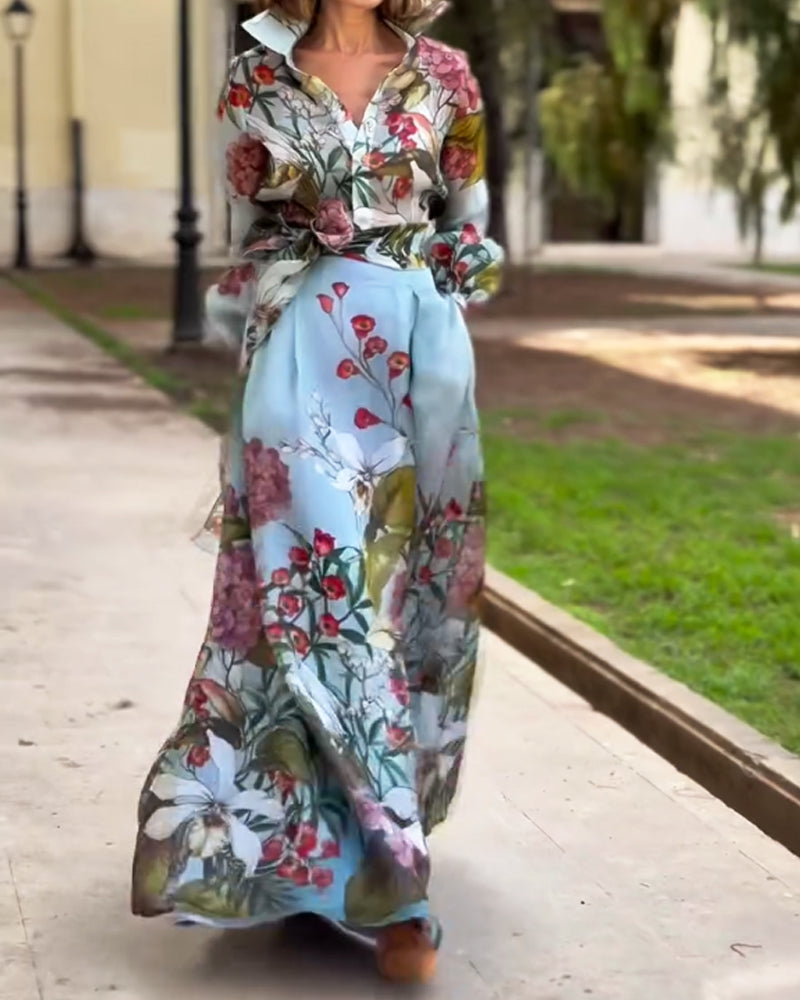 Completo Due Pezzi Elegante con Camicia Stampata e Gonna