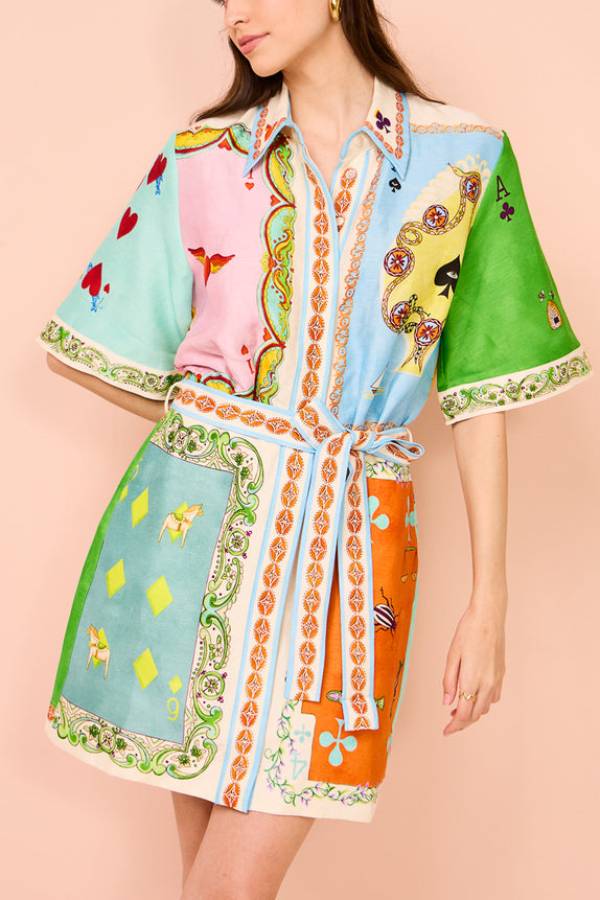 Abito Camicia Mini con Stampa Patchwork e Maniche Ampie