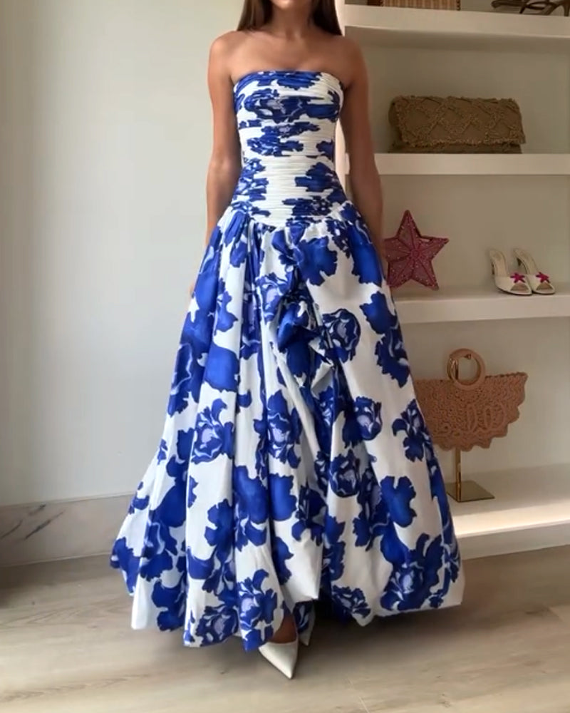 Abito Lungo Senza Spalline con Stampa Floreale – Eleganza Romantica