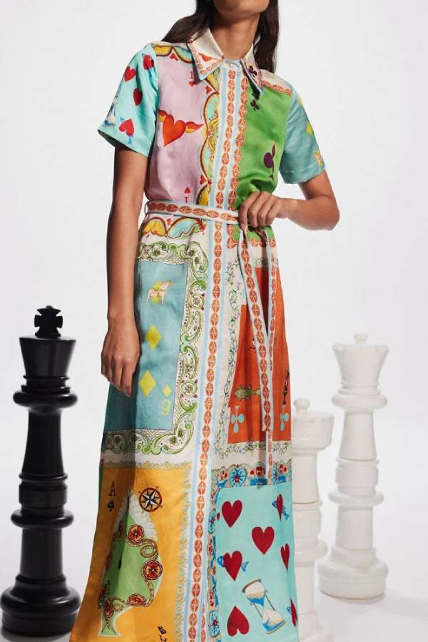 Abito Camicia Lungo con Colletto e Stampa Patchwork