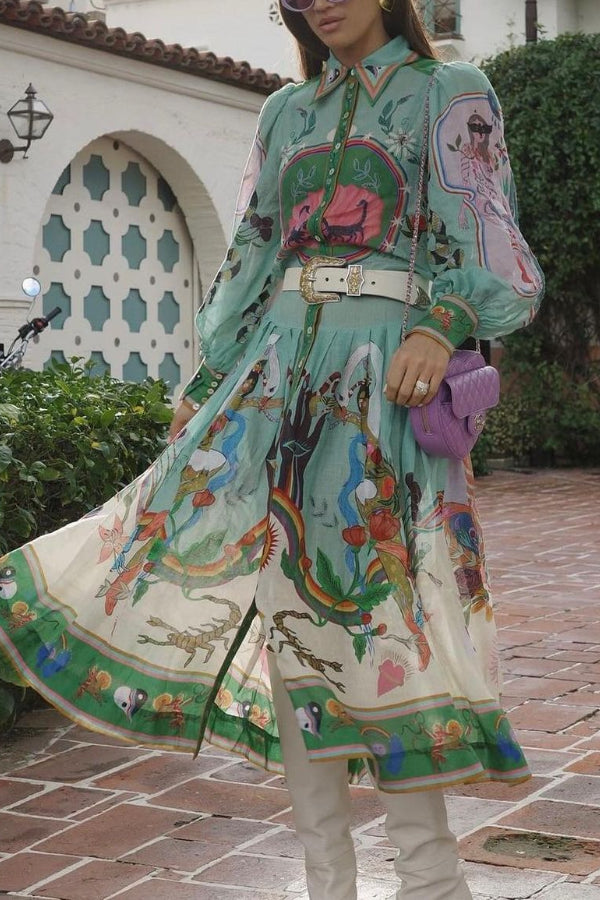 Abito Camicia Midi con Stampa Artistica, Maniche a Palloncino e Cintura in Contrasto